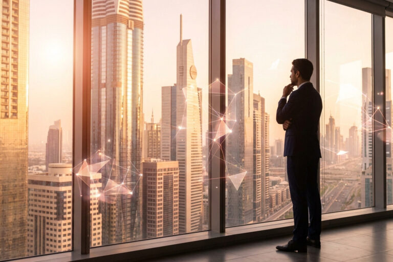 Un homme d'affaires en costume contemple la skyline de Dubaï au coucher du soleil avec des graphiques numériques.