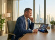 Un homme d'affaires travaillant sur une tablette avec la vue sur la skyline de Dubaï en arrière-plan.