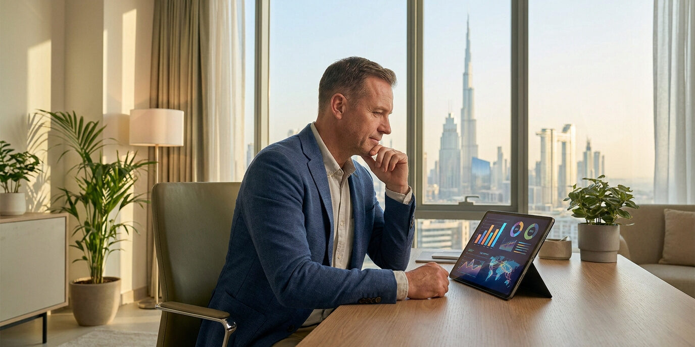 Choisir votre assurance santé à Dubaï Un homme d'affaires travaillant sur une tablette avec la vue sur la skyline de Dubaï en arrière-plan.