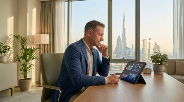 Un homme d'affaires travaillant sur une tablette avec la vue sur la skyline de Dubaï en arrière-plan.