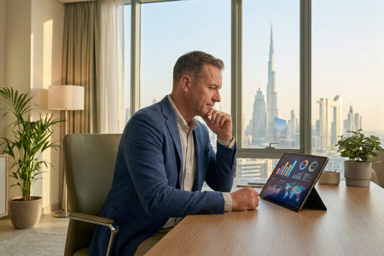 Un homme d'affaires travaillant sur une tablette avec la vue sur la skyline de Dubaï en arrière-plan.