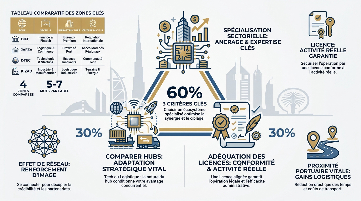 Infographie comparative des critères de choix pour une zone franche à Dubaï
