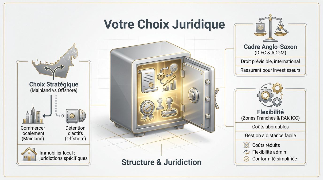 Infographie comparative des structures juridiques aux Émirats Arabes Unis entre Mainland, Freezone et Offshore