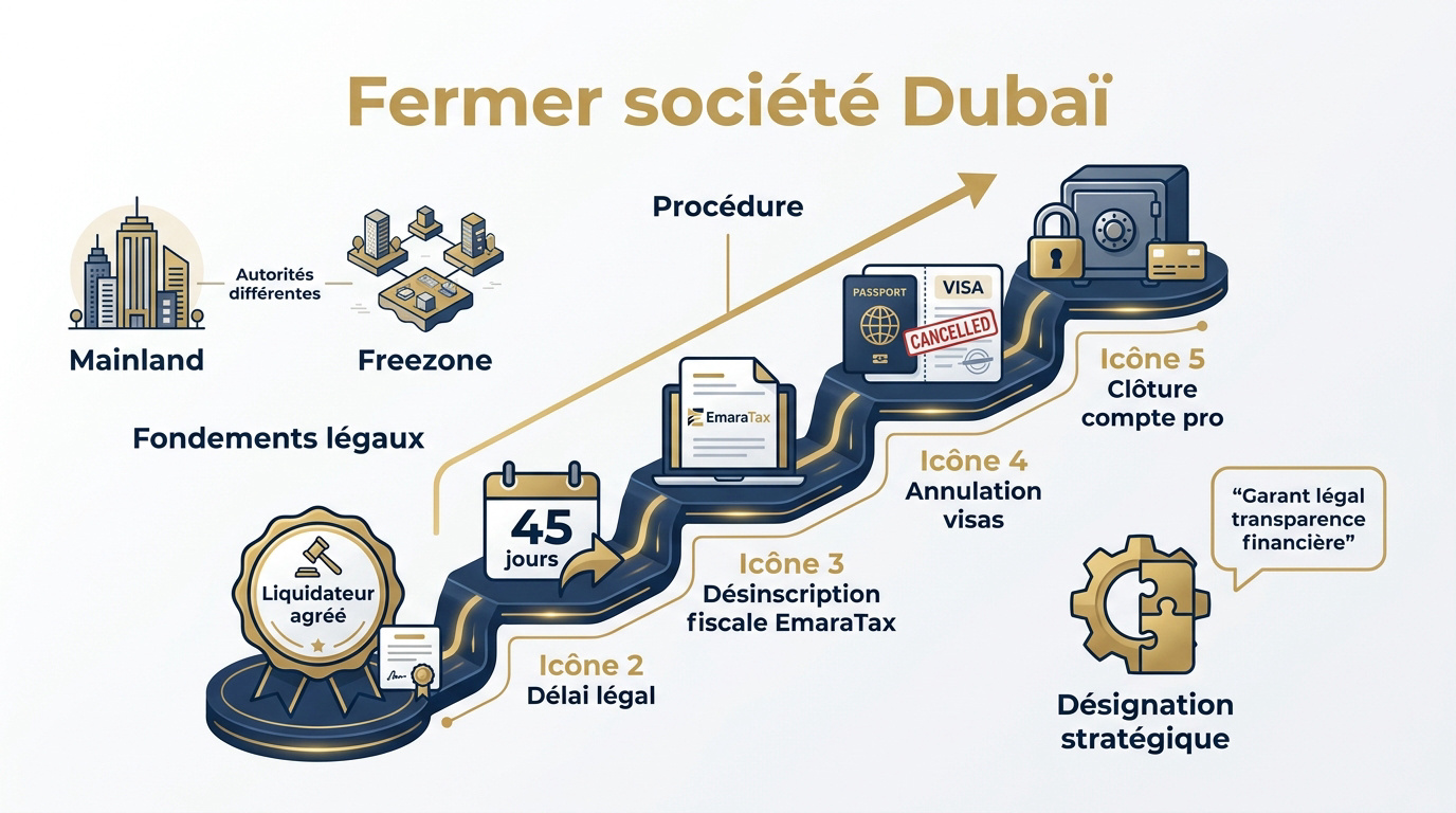 Infographie des étapes de fermeture d'une société à Dubaï