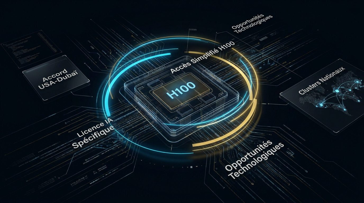 Interface technologique illustrant la puissance des processeurs H100 à Dubaï