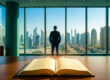 Un homme en costume regarde les gratte-ciels de Dubaï devant un livre ouvert posé sur un bureau.