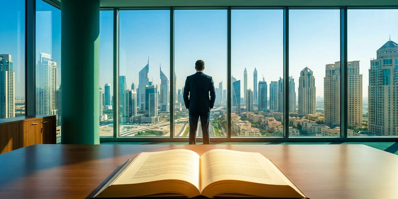 Un homme en costume regarde les gratte-ciels de Dubaï devant un livre ouvert posé sur un bureau.