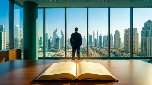 Un homme en costume regarde les gratte-ciels de Dubaï devant un livre ouvert posé sur un bureau.
