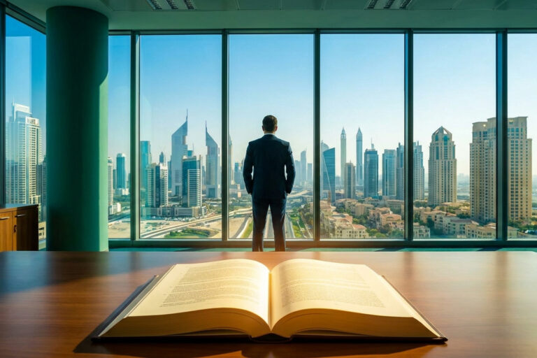 Un homme en costume regarde les gratte-ciels de Dubaï devant un livre ouvert posé sur un bureau.