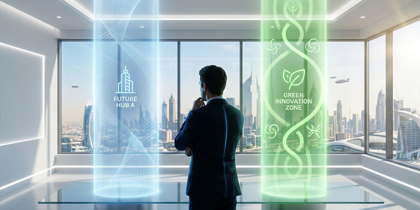 Choisir votre zone franche à Dubaï : IFZA ou Meydan ? Un homme d'affaires regarde deux hologrammes futuristes représentant des zones franches devant un panorama urbain de Dubaï.