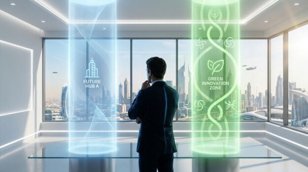 Un homme d'affaires regarde deux hologrammes futuristes représentant des zones franches devant un panorama urbain de Dubaï.