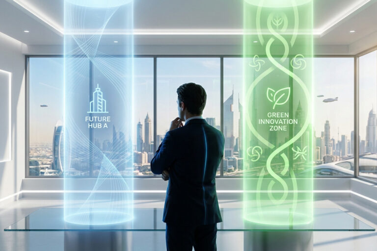 Un homme d'affaires regarde deux hologrammes futuristes représentant des zones franches devant un panorama urbain de Dubaï.