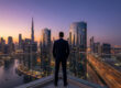 Un homme d'affaires en costume regarde le panorama urbain de Dubaï au coucher du soleil depuis un balcon.