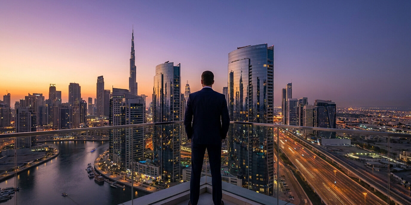 Un homme d'affaires en costume regarde le panorama urbain de Dubaï au coucher du soleil depuis un balcon.