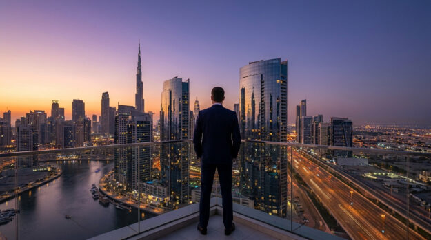 Un homme d'affaires en costume regarde le panorama urbain de Dubaï au coucher du soleil depuis un balcon.