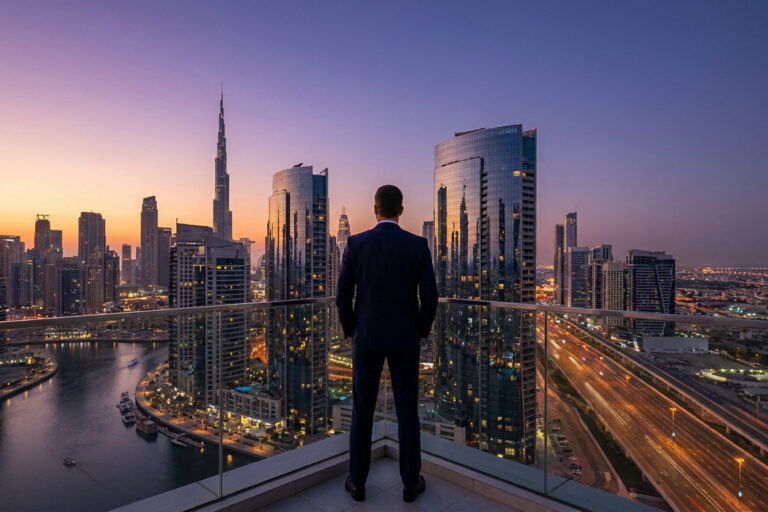 Un homme d'affaires en costume regarde le panorama urbain de Dubaï au coucher du soleil depuis un balcon.