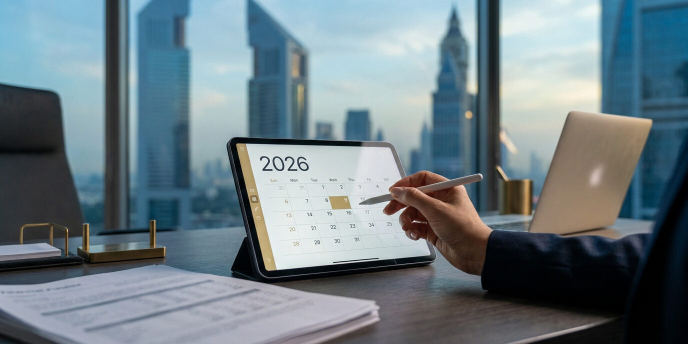 Calendrier des échéances fiscales 2026 aux Émirats Une personne utilise un stylet sur une tablette affichant un calendrier 2026 dans un bureau avec vue sur Dubaï.