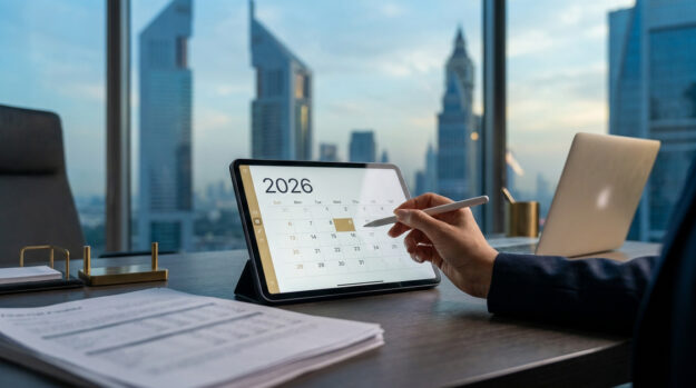 Une personne utilise un stylet sur une tablette affichant un calendrier 2026 dans un bureau avec vue sur Dubaï.