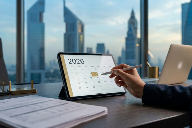Une personne utilise un stylet sur une tablette affichant un calendrier 2026 dans un bureau avec vue sur Dubaï.