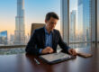 Un homme d'affaires travaillant sur une tablette dans un bureau à Dubaï avec vue sur la tour Burj Khalifa.