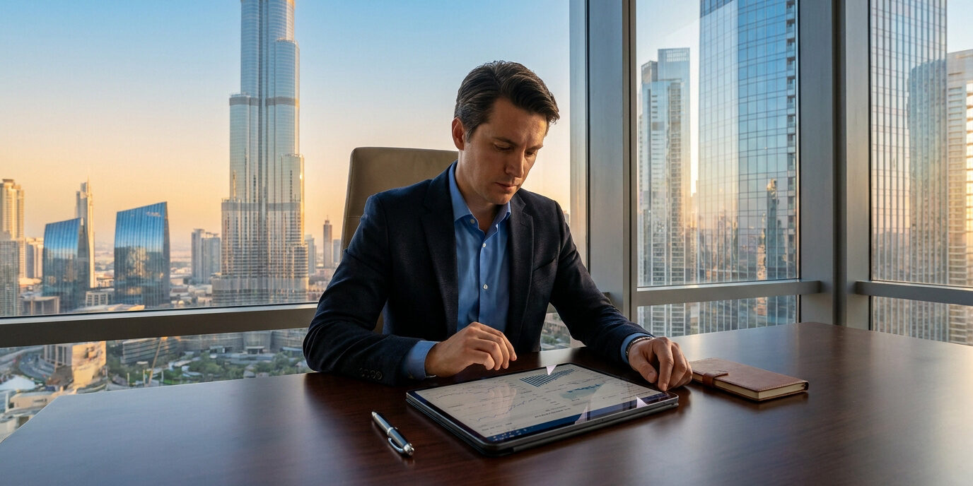 Un homme d'affaires travaillant sur une tablette dans un bureau à Dubaï avec vue sur la tour Burj Khalifa.