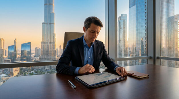 Un homme d'affaires travaillant sur une tablette dans un bureau à Dubaï avec vue sur la tour Burj Khalifa.