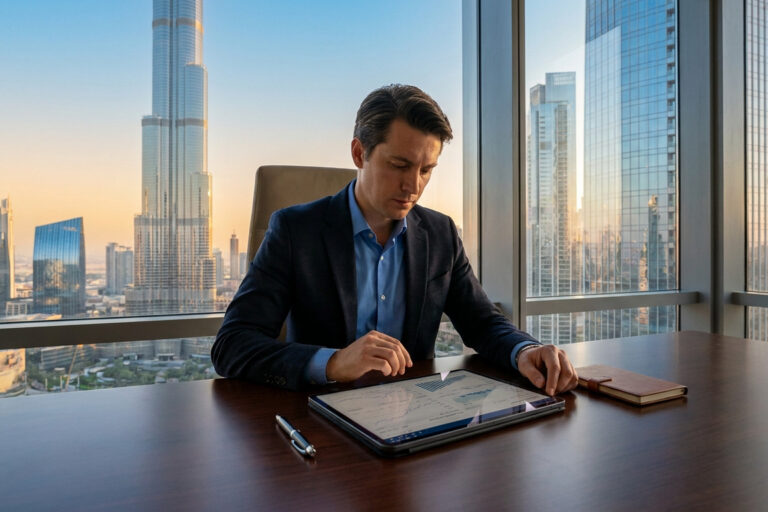 Un homme d'affaires travaillant sur une tablette dans un bureau à Dubaï avec vue sur la tour Burj Khalifa.