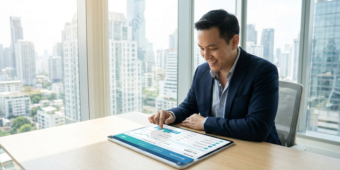 Ouverture d’un compte Wio Bank Business Entrepreneur souriant consultant un tableau de bord financier sur tablette dans un bureau avec vue sur la ville.