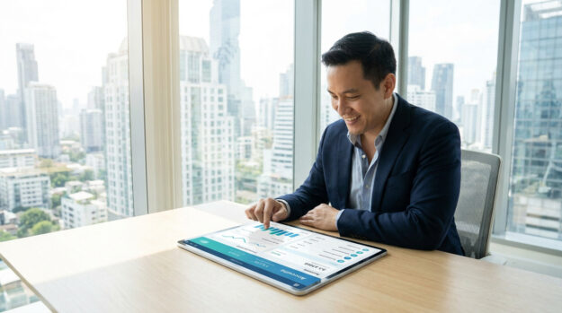Entrepreneur souriant consultant un tableau de bord financier sur tablette dans un bureau avec vue sur la ville.