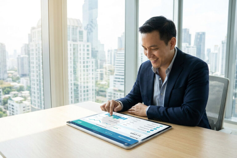 Entrepreneur souriant consultant un tableau de bord financier sur tablette dans un bureau avec vue sur la ville.