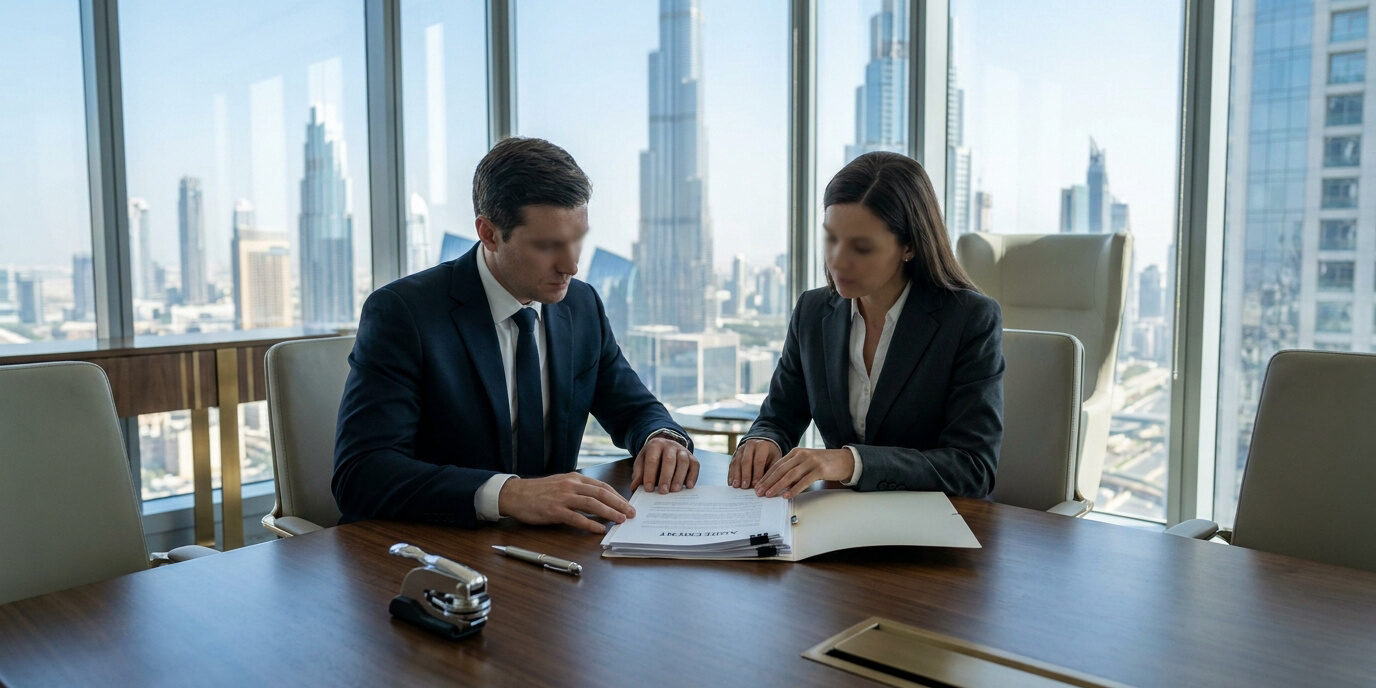 Un homme et une femme d'affaires signant un contrat de liquidation dans un bureau avec vue sur Dubaï.