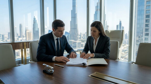 Un homme et une femme d'affaires signant un contrat de liquidation dans un bureau avec vue sur Dubaï.