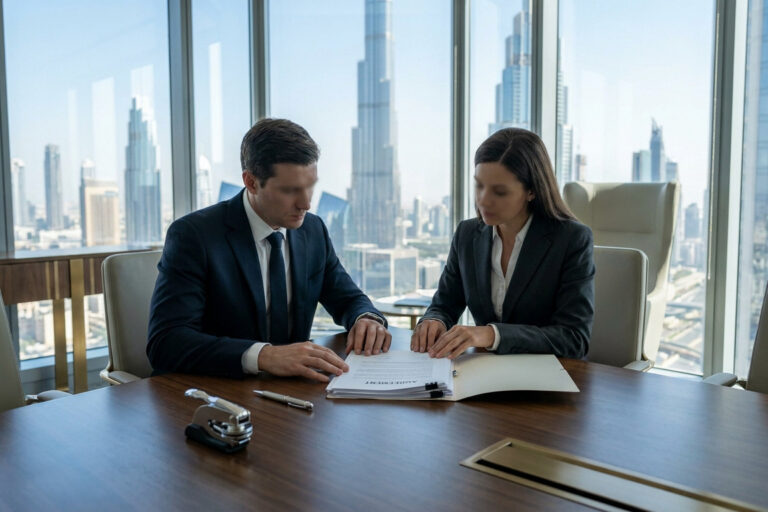 Un homme et une femme d'affaires signant un contrat de liquidation dans un bureau avec vue sur Dubaï.