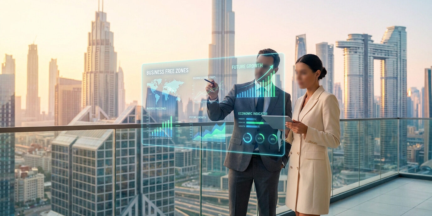 Un homme et une femme d'affaires analysent des données économiques sur un écran holographique devant la skyline de Dubaï.