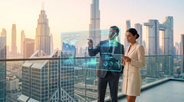Un homme et une femme d'affaires analysent des données économiques sur un écran holographique devant la skyline de Dubaï.