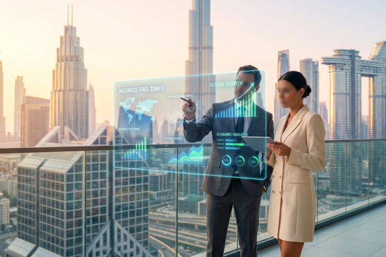 Un homme et une femme d'affaires analysent des données économiques sur un écran holographique devant la skyline de Dubaï.
