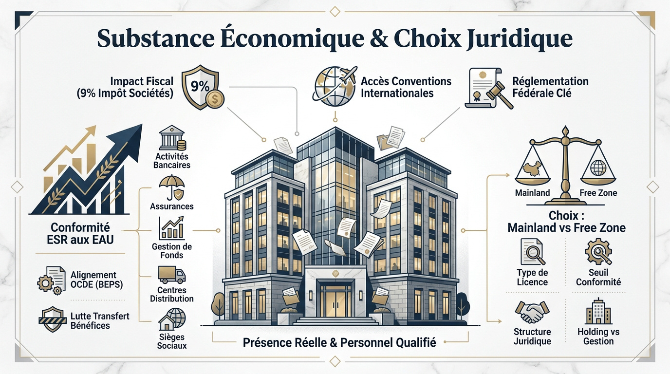Schéma explicatif de la substance économique et du choix de structure juridique aux Émirats