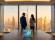 Homme et femme d'affaires regardant la skyline de Dubaï avec un graphique de croissance holographique sur une table.