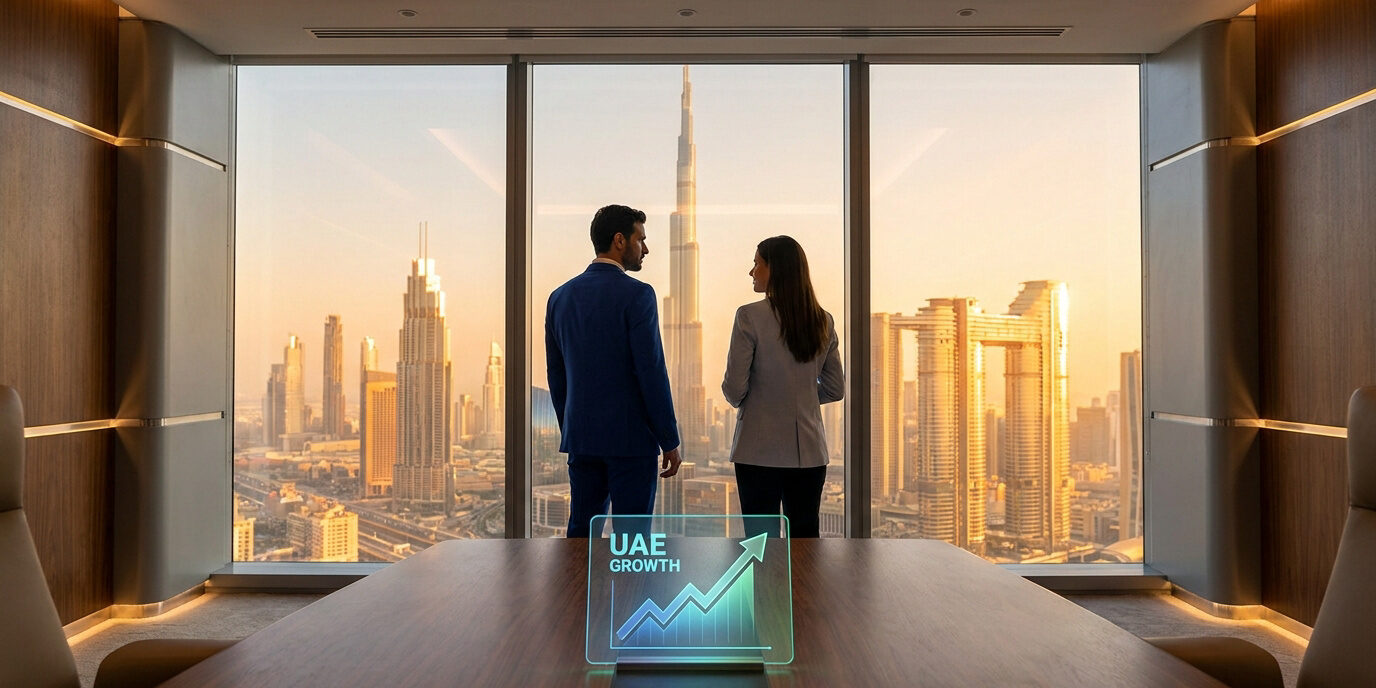 Homme et femme d'affaires regardant la skyline de Dubaï avec un graphique de croissance holographique sur une table.