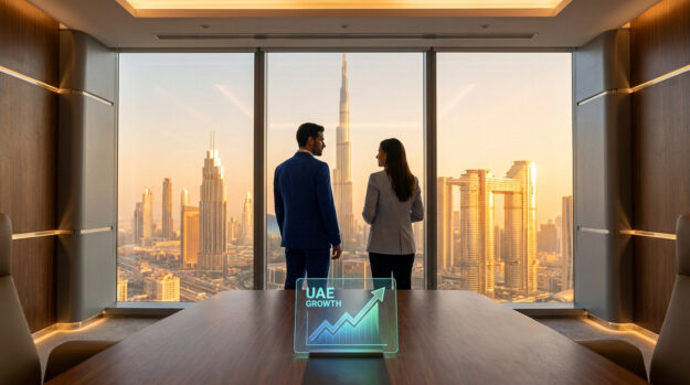 Homme et femme d'affaires regardant la skyline de Dubaï avec un graphique de croissance holographique sur une table.