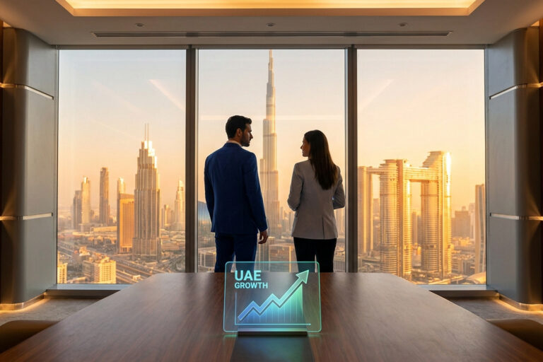 Homme et femme d'affaires regardant la skyline de Dubaï avec un graphique de croissance holographique sur une table.