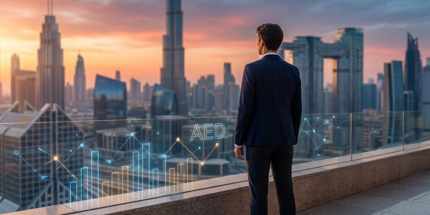 Un homme d'affaires regarde les gratte-ciel de Dubaï avec des graphiques financiers numériques en surimpression.