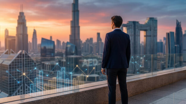 Un homme d'affaires regarde les gratte-ciel de Dubaï avec des graphiques financiers numériques en surimpression.