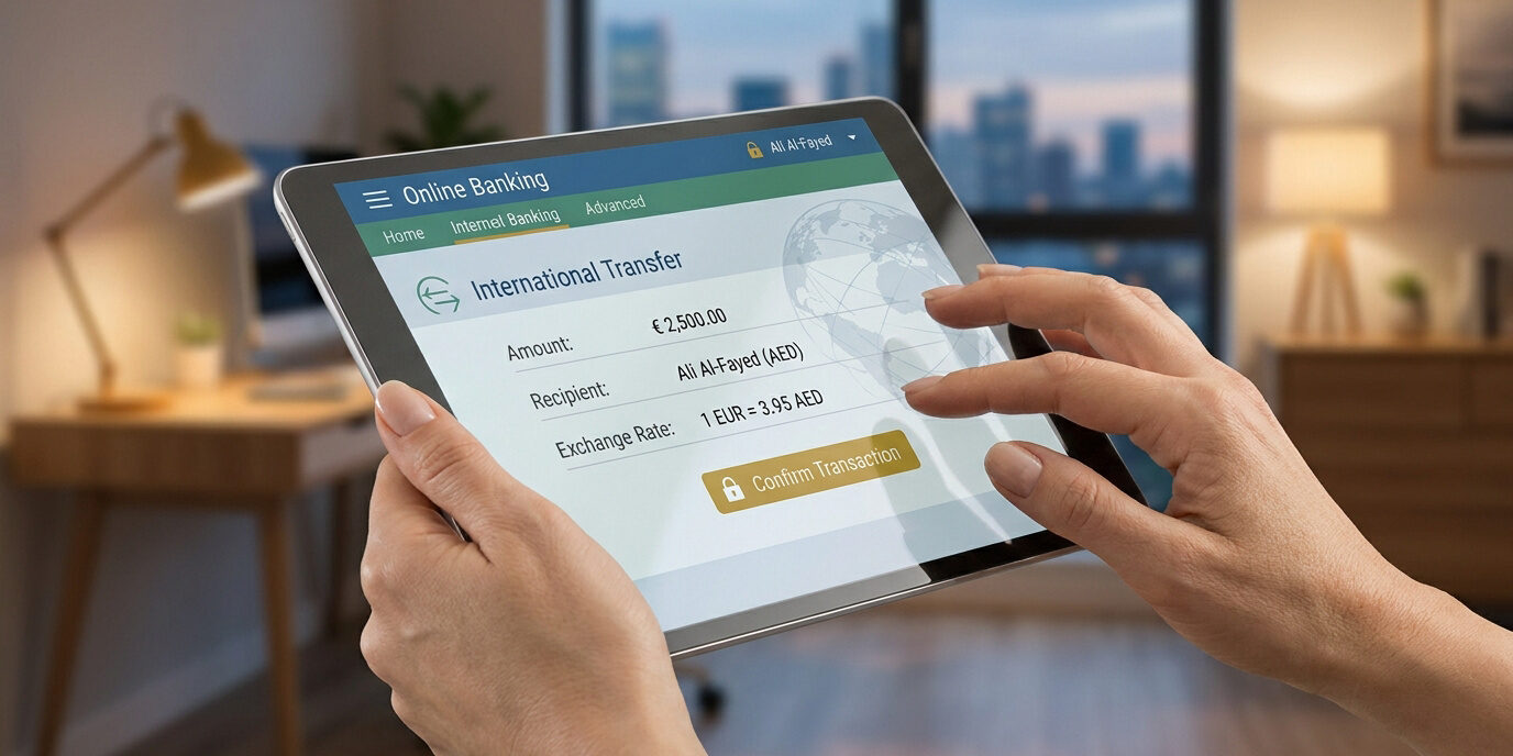 Transfert de fonds vers Dubaï via tablette Mains tenant une tablette effectuant un virement international en euros vers des dirhams émiratis.