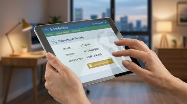 Mains tenant une tablette effectuant un virement international en euros vers des dirhams émiratis.