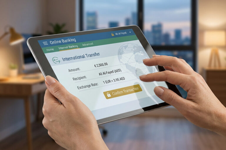Mains tenant une tablette effectuant un virement international en euros vers des dirhams émiratis.