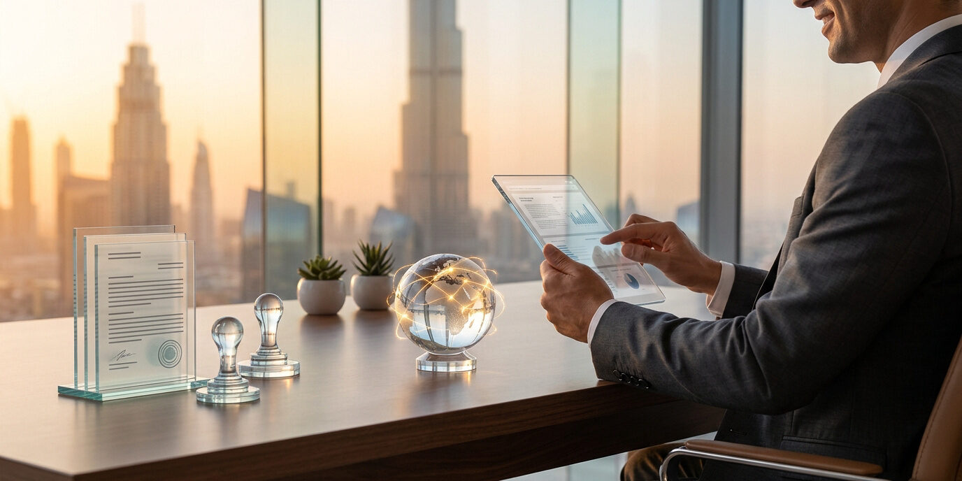 Lancer son activité import-export à Dubaï Homme d'affaires travaillant sur une tablette à Dubaï avec un globe terrestre et des documents officiels sur son bureau.