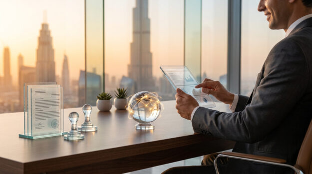 Homme d'affaires travaillant sur une tablette à Dubaï avec un globe terrestre et des documents officiels sur son bureau.