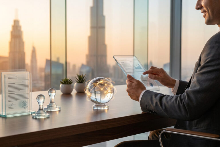 Homme d'affaires travaillant sur une tablette à Dubaï avec un globe terrestre et des documents officiels sur son bureau.