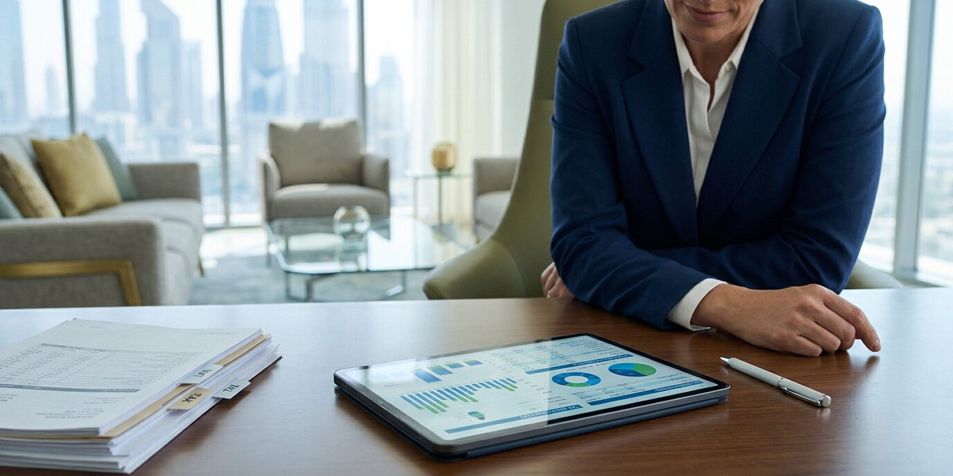 Professionnelle en costume consultant des graphiques financiers sur une tablette dans un bureau moderne à Dubaï.